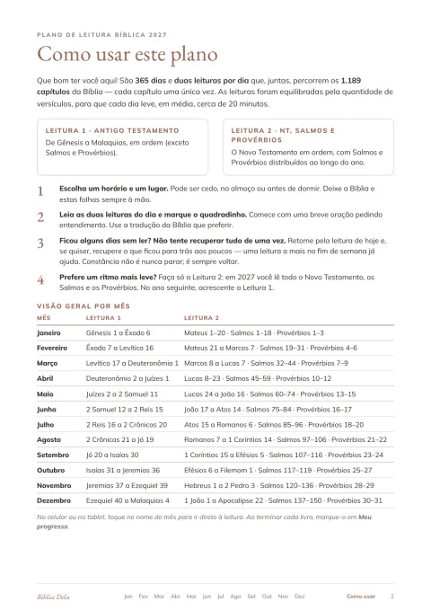 Página Como usar este plano, com as duas leituras e os passos para seguir o ano.